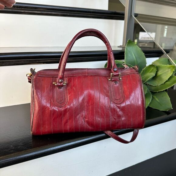 Genuine Eel Skin Leather Satchel Crossbody Shoulder Bag Deep Burgundy Red Purse - Picture 8 of 9